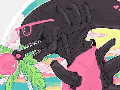 Summertime Xenomorph | T-shirt / Sticker Illustration digital art fan art illustration summer t shirt art xenomorph