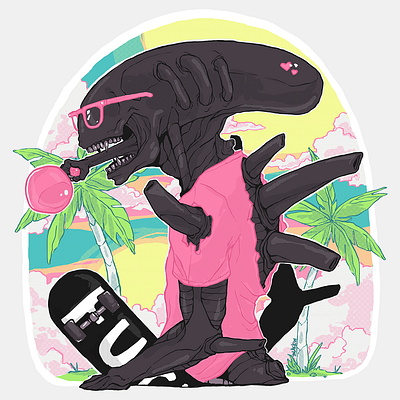 Summertime Xenomorph | T-shirt / Sticker Illustration digital art fan art illustration summer t shirt art xenomorph