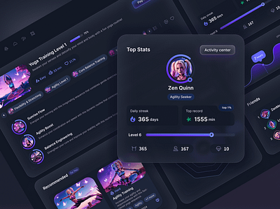 Profile stats section, dashboard ai animation cards dark mode dashboard figma glassmorphism glow hexagonal leaderboard level list loader neon purple pie chart profile progress bar record stats ui