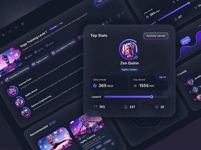 Profile stats section, dashboard ai animation cards dark mode dashboard figma glassmorphism glow hexagonal leaderboard level list loader neon purple pie chart profile progress bar record stats ui