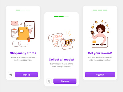 Shopping and get reward bag boarding green ligh green mom on boarding onboarding purple receipt reward shop shopping sign in sign up stepper stores update upload zero