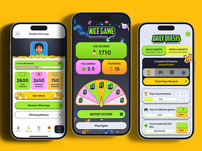 Mobile Esports - Gamification Screens award boost claim coin competition crypto daily earn finance fortune wheel gamification gaming level mobile money progress quests redeem score tournament