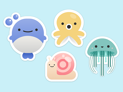 Sea Creature Sticker Pack animals aquarium colorful cute figma graphic design icons illustration jellyfish kawaii logo octopus shapes snail stickers vectors whale