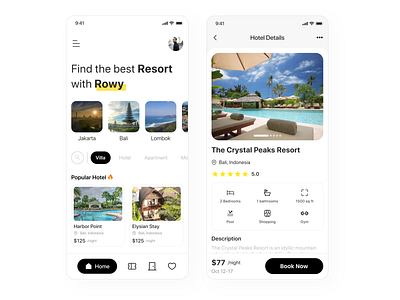 Rowy - Hotel & Resort Booking App app booking app clean design design hotel mobile ui ux villa app white white space