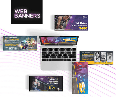 Kingdom Fitness - Web Banner Designs banner banner design black branding design exercise fitness graphic design illustration laptop logo logo design mobile mockup web web banner design web design website white