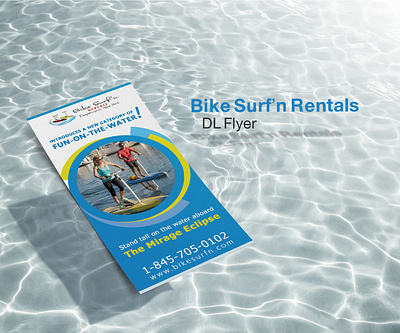 Bike Surf'n Rentals Flyer a4 bike surfn blue branding colors corporate identity design dl flyer flyer flyer design graphic design gray illustration logo logo design mockup paper water white yellow