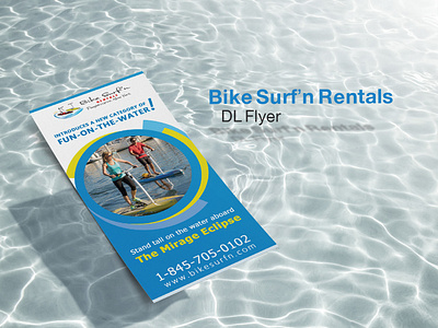 Bike Surf'n Rentals Flyer a4 bike surfn blue branding colors corporate identity design dl flyer flyer flyer design graphic design gray illustration logo logo design mockup paper water white yellow