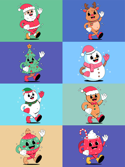 Christmas characters ball branding cartoon character christmas colorful cute deer design gingerbread graphic design illustration logo mascot retro santa snowman tree walking xmas