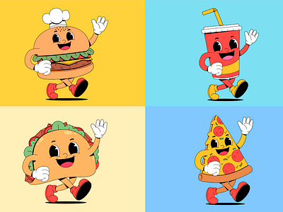 Fast food character branding burger cartoon character colorful cute design drink fastfood food fries graphic design hotdog ice illustration logo pizza retro taco walking