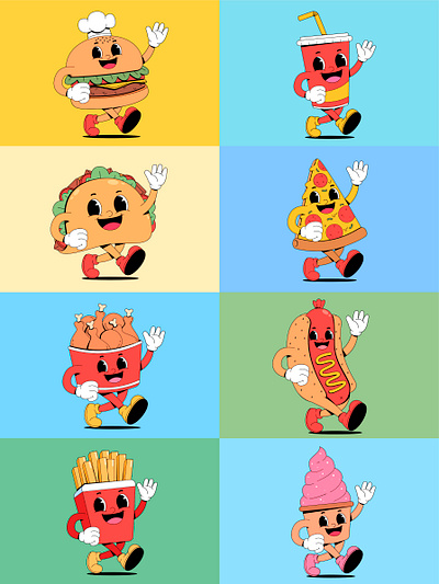 Fast food character branding burger cartoon character colorful cute design drink fastfood food fries graphic design hotdog ice illustration logo pizza retro taco walking