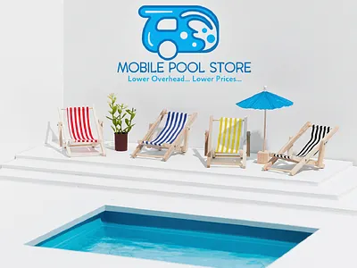 Mobile Pool Store Logo blue branding car colors design graphic design gray illustration kids logo logo design mobile mobile store mockup packaging planet sea store swim white