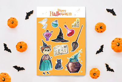 Halloween stickers greeting card halloween happy halloween illustration postcard stickers watercolor