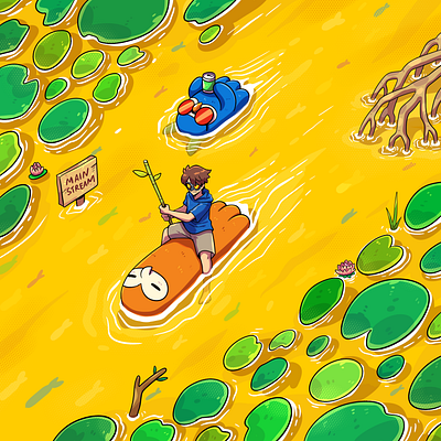 Rafting in yellow river artwork branding cartoon character illustration