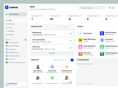 Taskhub - Task Management Dashboard card component crm dashboard dashboard design management notepad productivity project saas schedule dashboard sidebar task task management to do list trello vektora web apps worklist workspace