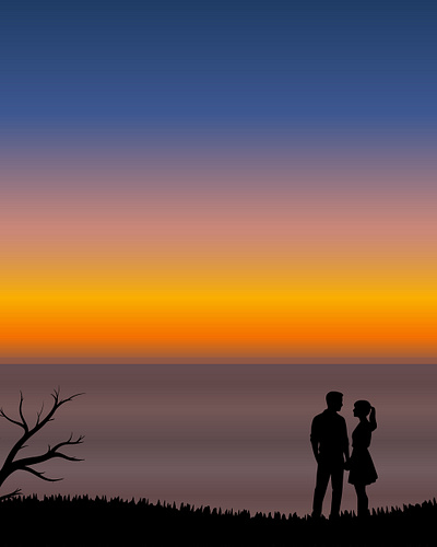 sunset view abstract autumn cartoon couple doodle evening graphic design grass illustration natural retro romantic sea silhouette sky sunset tree vector view