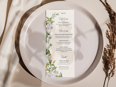 White Floral Wedding Menu Template editable graphic design illustration printable wedding wedding menu white floral