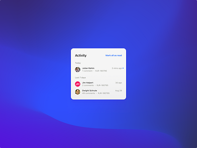 Activity card activity clean comments freelance julian rahim notification product design the office ui ux web