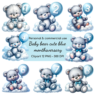 Cute Blue Baby Bear Monthiversary 3d cute design graphic design illustration watercolor