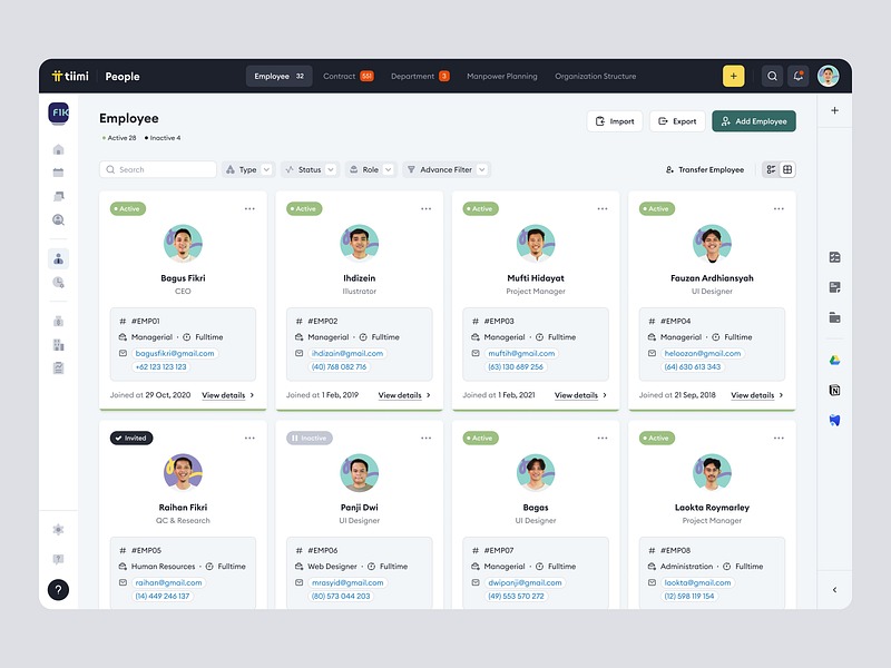 Tiimi - Employee List Grid View in the SaaS HR Management System candidate company contract management employee list hiring hr hrd hrm hrs job product design recruitment saas saas design team management ui uiux ux web design webapp