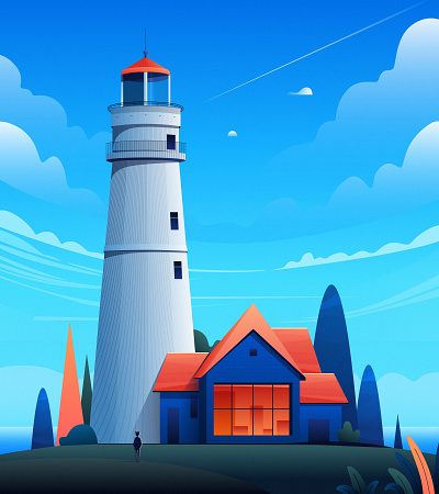 Quiet Location architecture blue cloud digital art digital illustration draw illustration landscape lighthouse nature orange painting people sky tree vector vector digital illustration vector illustration village wallpaper