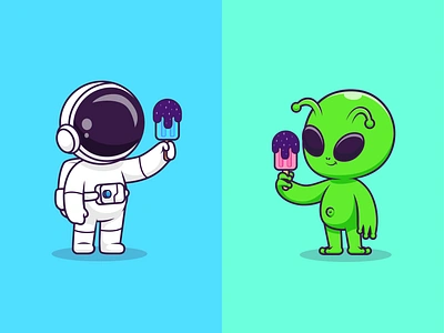 Astro and Alien eating Ice Cream🧑🏻‍🚀👽🍦 alien astronaut branding cartoon character cone cool cute doodle drink eating flat food friendship ice cream icon illustration logo space ufo