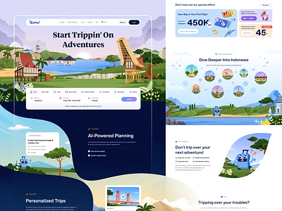 Trippin' - Trip Planner & Booking App Landing Page 🛣 ai app bali booking design illustration indonesia landing page mascot mobile orely planner travel trip ui web website