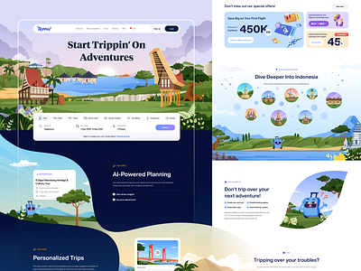 Trippin' - Trip Planner & Booking App Landing Page 🛣 ai app bali booking design illustration indonesia landing page mascot mobile orely planner travel trip ui web website