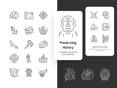 Historian Outline Icons art artefacts black and white branding design egypt fossil historian icons illustrator line style medieval minimal museum outline prehistoric stroke vector webicon website icon