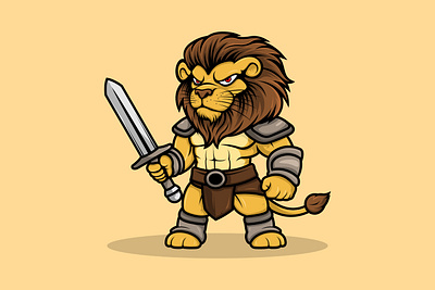 Lion Warrior Mascot Cartoon Vector Style art barbarian branding bussiness design graphic design illustration knight lion logo mascot sword vector warrior