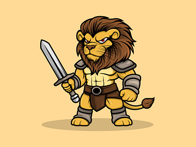 Lion Warrior Mascot Cartoon Vector Style art barbarian branding bussiness design graphic design illustration knight lion logo mascot sword vector warrior