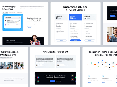 Intuit - Other Pages about us benefits black and blue carousel collaboration connection cta features integrations landing page minimal platform pricing saas testimonials tools ui web design website workflow