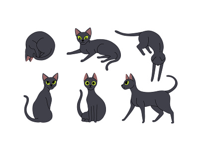 Black cat set black cartoon cat character collection concept cute design flat illustration kitten set vector witch