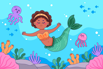 Mermaid cartoon character colorful coral cute design fish girl graphic design illustration jelly mermaid octopus sea water women