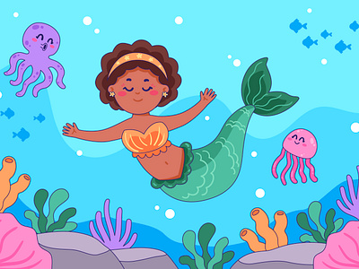 Mermaid cartoon character colorful coral cute design fish girl graphic design illustration jelly mermaid octopus sea water women