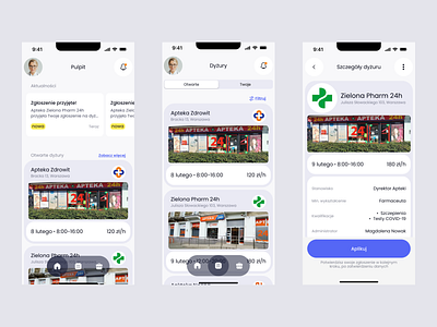 Czas na Dyżur — Pharmacy Duties app dashboard design details duties health healthcare list menu mobile news notifications pharmacy product design screens switch ui ux