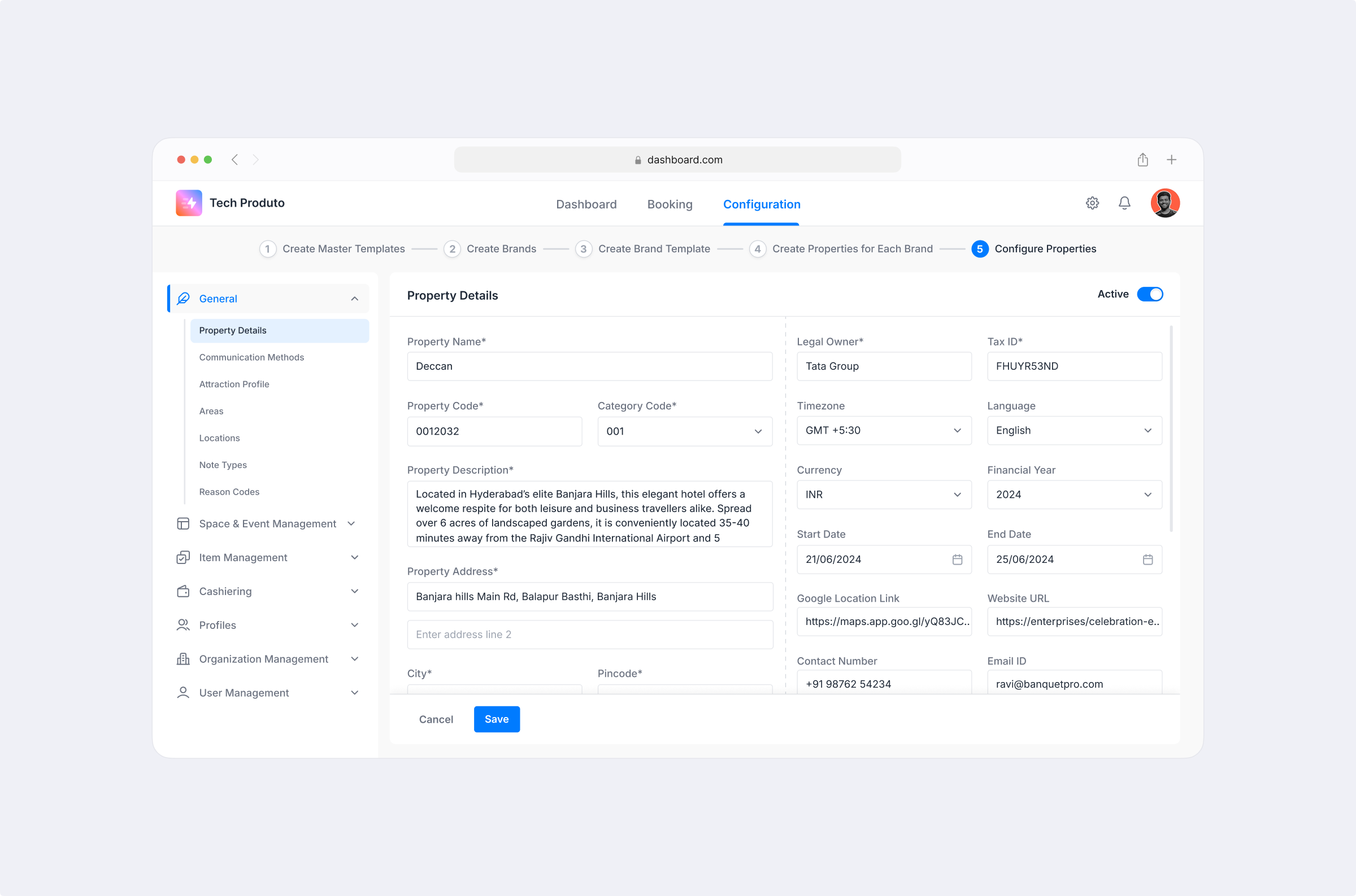 Property Details | Banquet Booking admin panel banquet configuration dashboard design event management tool form ui general details internal web app process flow product design property details saas ui