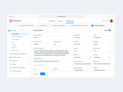 Property Details | Banquet Booking admin panel banquet configuration dashboard design event management tool form ui general details internal web app process flow product design property details saas ui