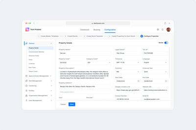 Property Details | Banquet Booking admin panel banquet configuration dashboard design event management tool form ui general details internal web app process flow product design property details saas ui