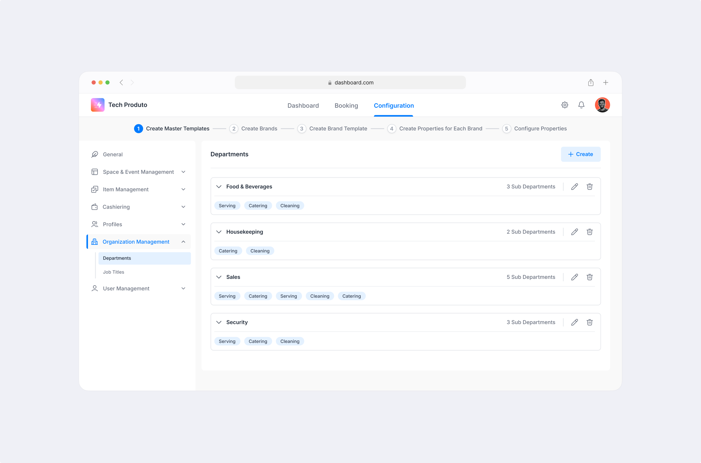Hotel Departments Configuration admin panel banquet booking dashboard departments design hotel management internal web app management ui organization management product design saas ui