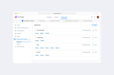 Hotel Departments Configuration admin panel banquet booking dashboard departments design hotel management internal web app management ui organization management product design saas ui