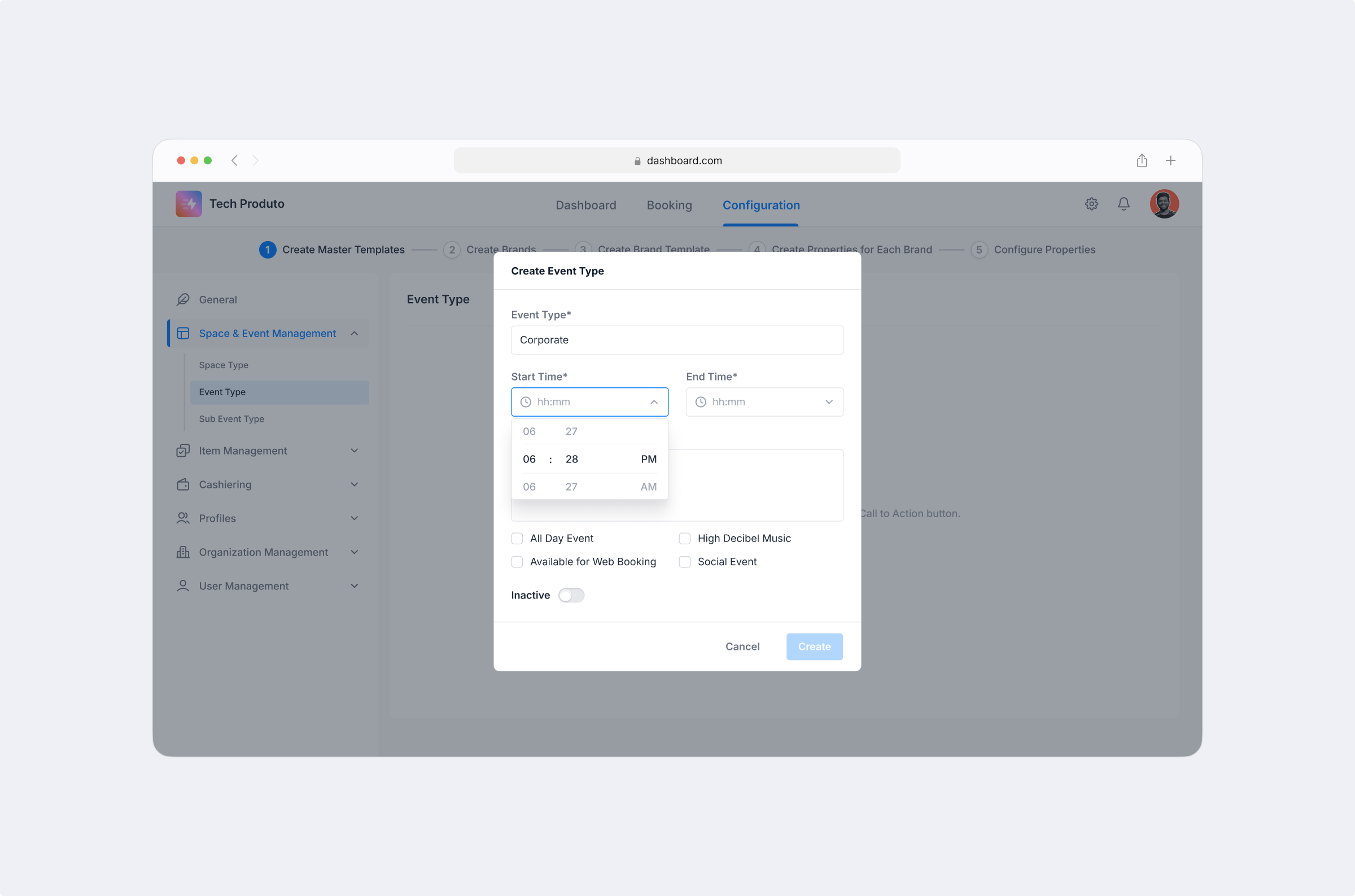 Event Type Popup UI | Banquet Booking admin panel booking popup create event type dashboard design event booking popup event management internal web app popup popup ui product design saas ui