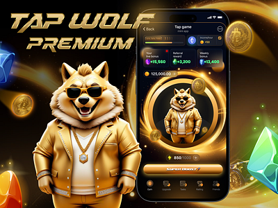 Tap Wolf – Premium Tap-to-Earn telegram bot game 3d animation app design branding casino figma gambling game design graphic design hamster kombat igaming illustration logo product design tap to earn telegram mini app ui ui ux ux vector