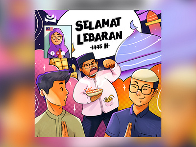 Selamat Lebaran 1445 H cartoon design eidalfitr graphic design greeting illustration vibrant