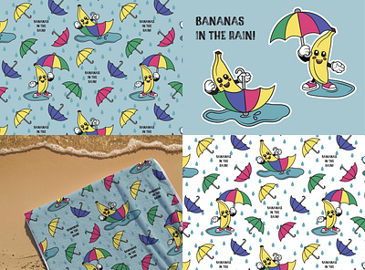 Bananas in the Rain - Pattern Design banana illustration bananas graphic design illustration pattern pattern design pattern designer patterns rain surface pattern design umbrella