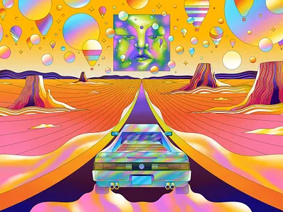 Nirvana abstract art direction bright canyons car design face graphic hot air balloons illustration landscape open road personal work psychedelic retro road surreal texture travel vector