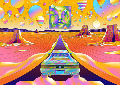 Nirvana abstract art direction bright canyons car design face graphic hot air balloons illustration landscape open road personal work psychedelic retro road surreal texture travel vector