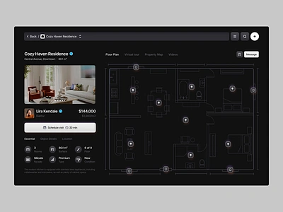 Dark Real Estate apartaments dark mode dashboard design floor map gradient icons map minimal real estate rieltor saas ui ui ux voit team web white