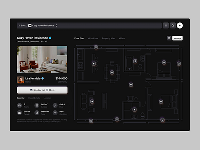 Dark Real Estate apartaments dark mode dashboard design floor map gradient icons map minimal real estate rieltor saas ui ui ux voit team web white