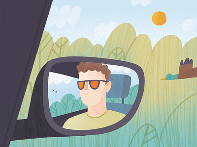 End of Summer boy car character duck forest illustration mirror procreate reflection scenery side view mirror summer sun sunglasses sunset texture travel trip voyage