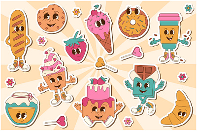 Groovy Sweet Food | Sticker Collection bakery cafe delivery design food groovy illustration mascot menu packaging pastry retro sticker sweet vector